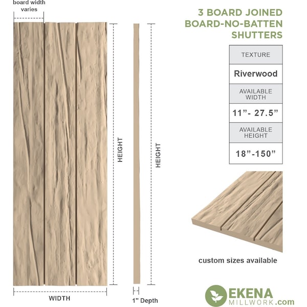 Rustic Three Board Joined Board-n-Batten Riverwood Faux Wood Shutters W/No Batten, 16 1/2W X 46H